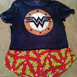 Wonder Woman logo sleep shorts and thin t-shirt.